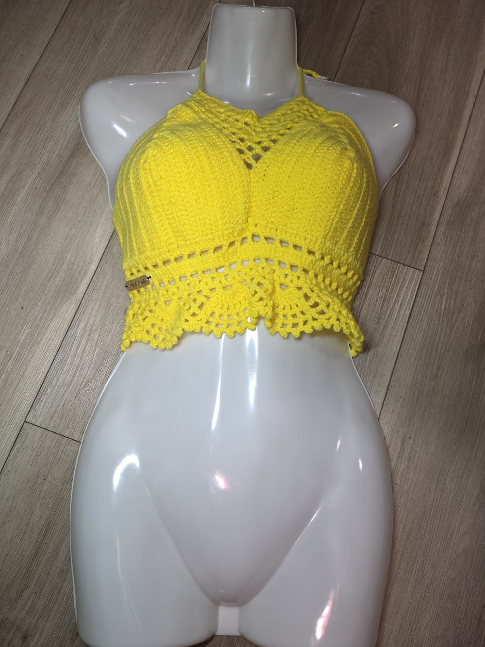 Bright Yellow Crochet Halter Crop Top with Scalloped Edge